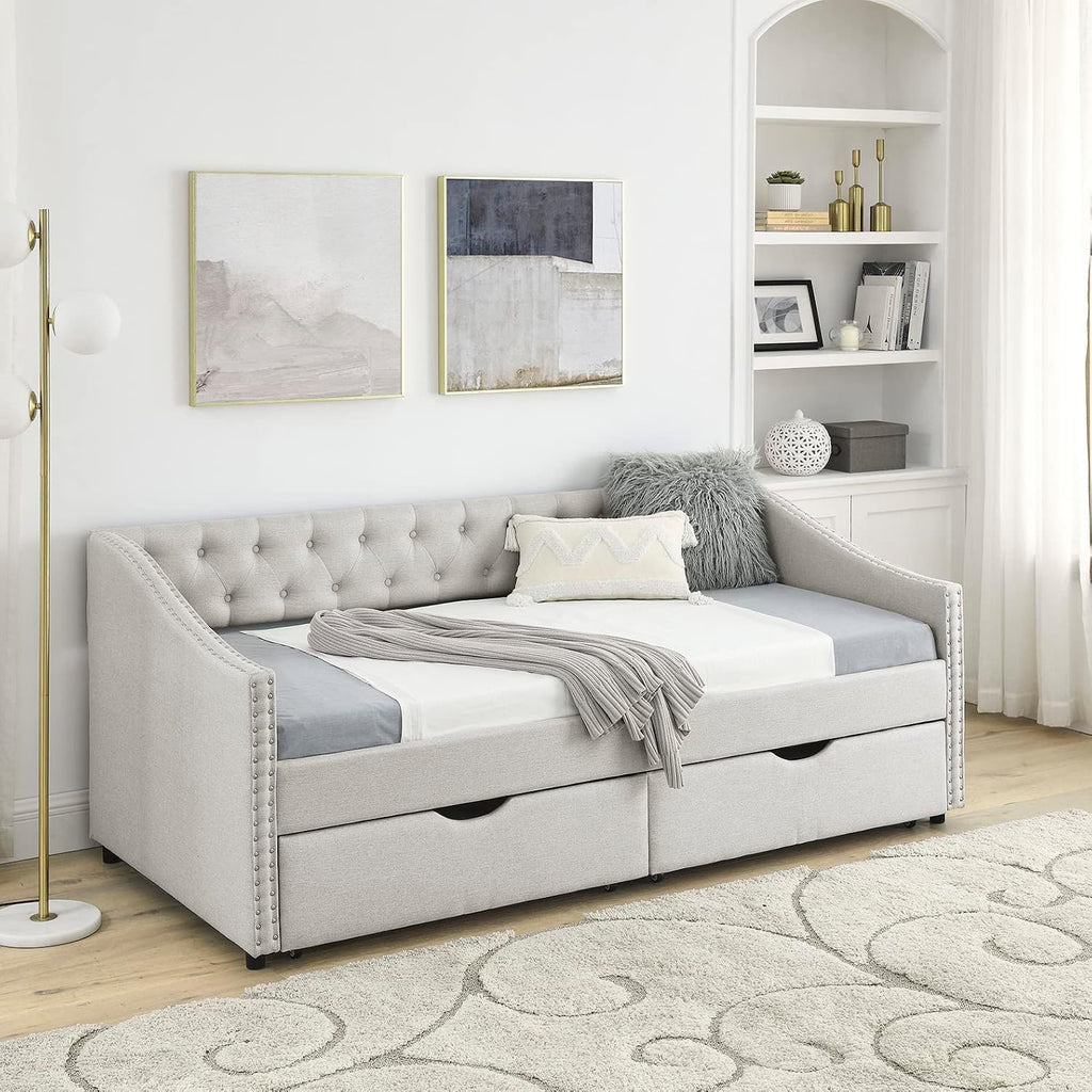 Beige Upholstered Daybed Frame Two Storage Drawers