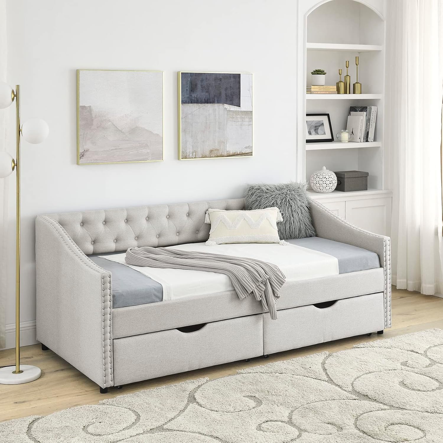 Beige Upholstered Twin Daybed Two Storage Drawers