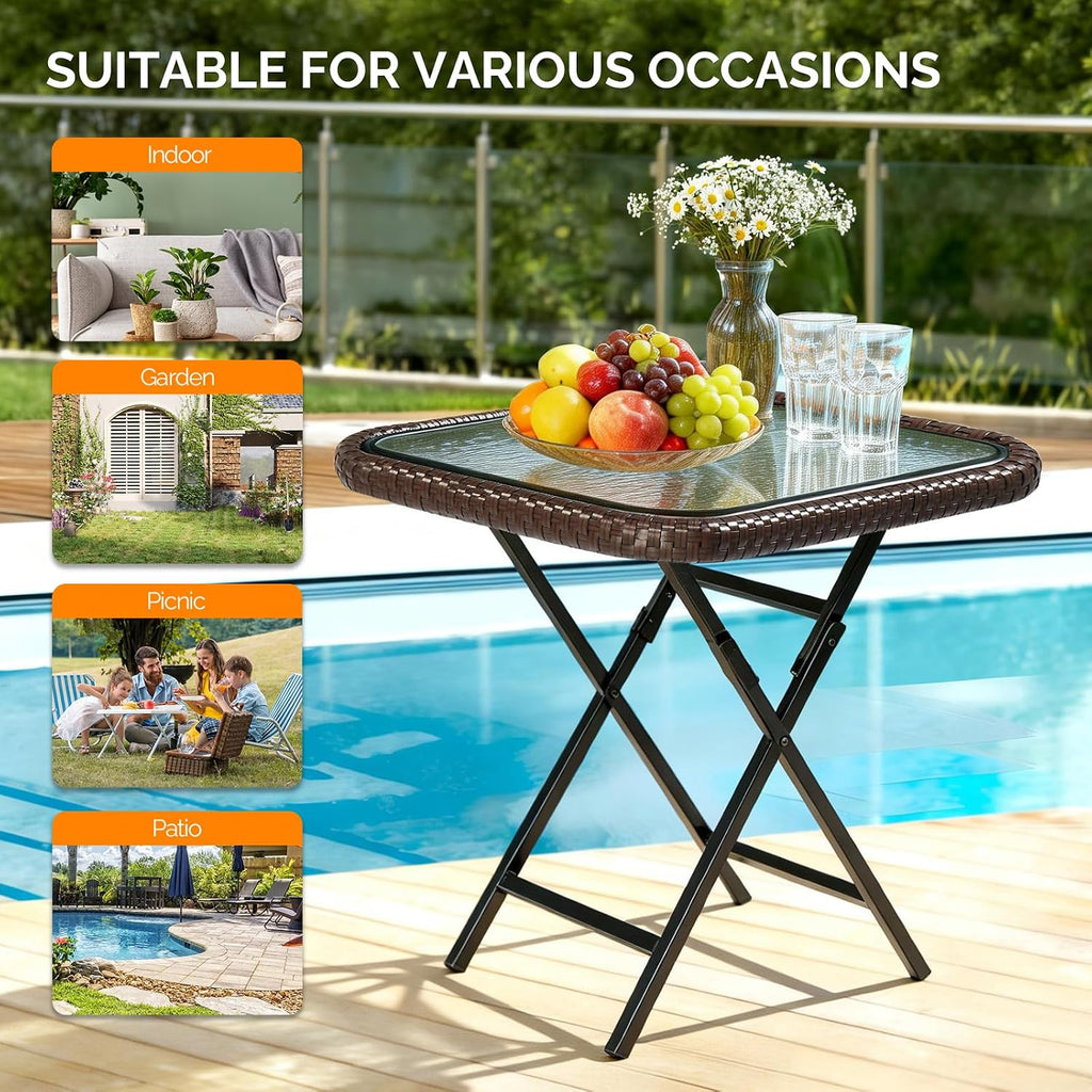 Rattan Folding Glass Top Outdoor Side Table