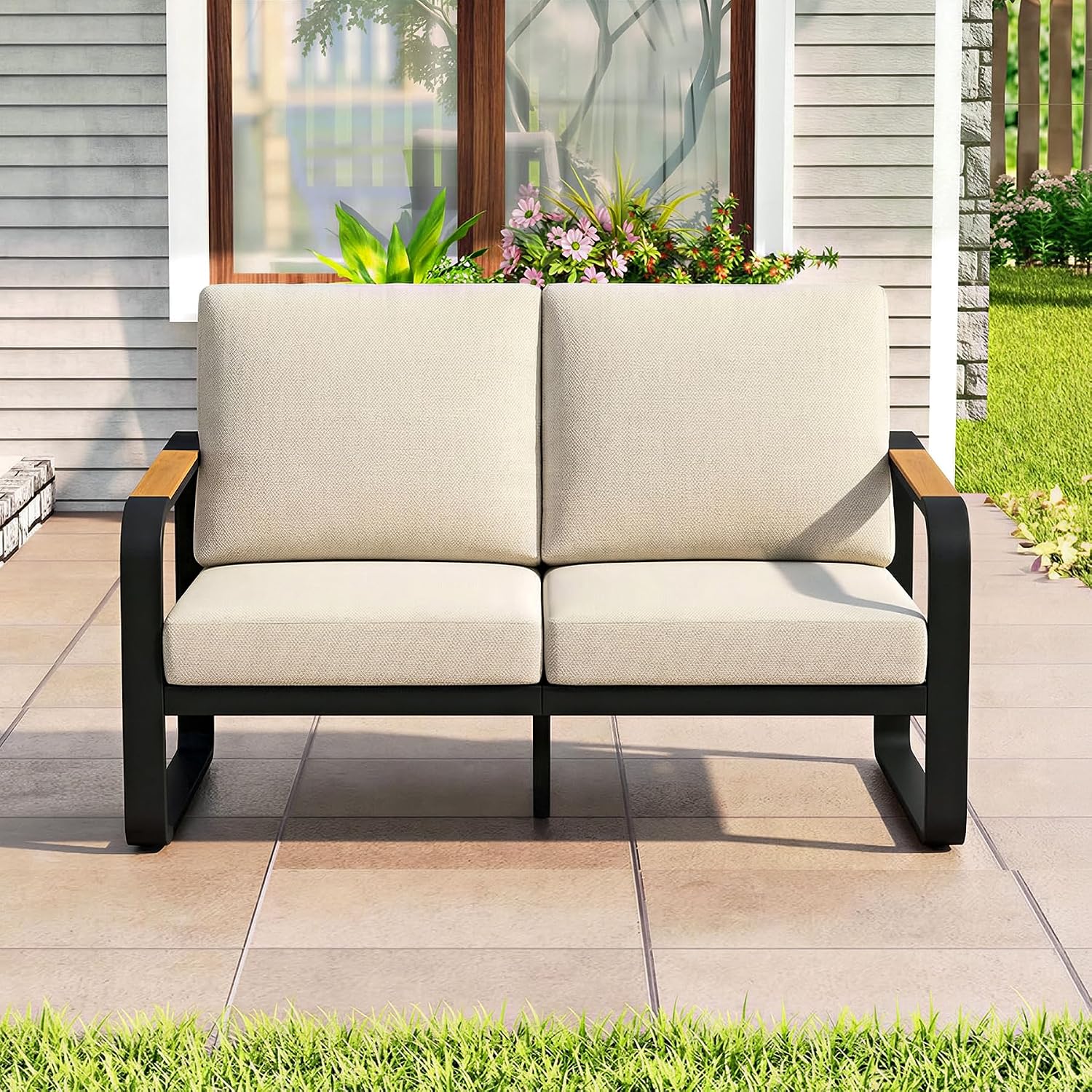 Beige Metal Outdoor Loveseat Thick Comfort Cushions