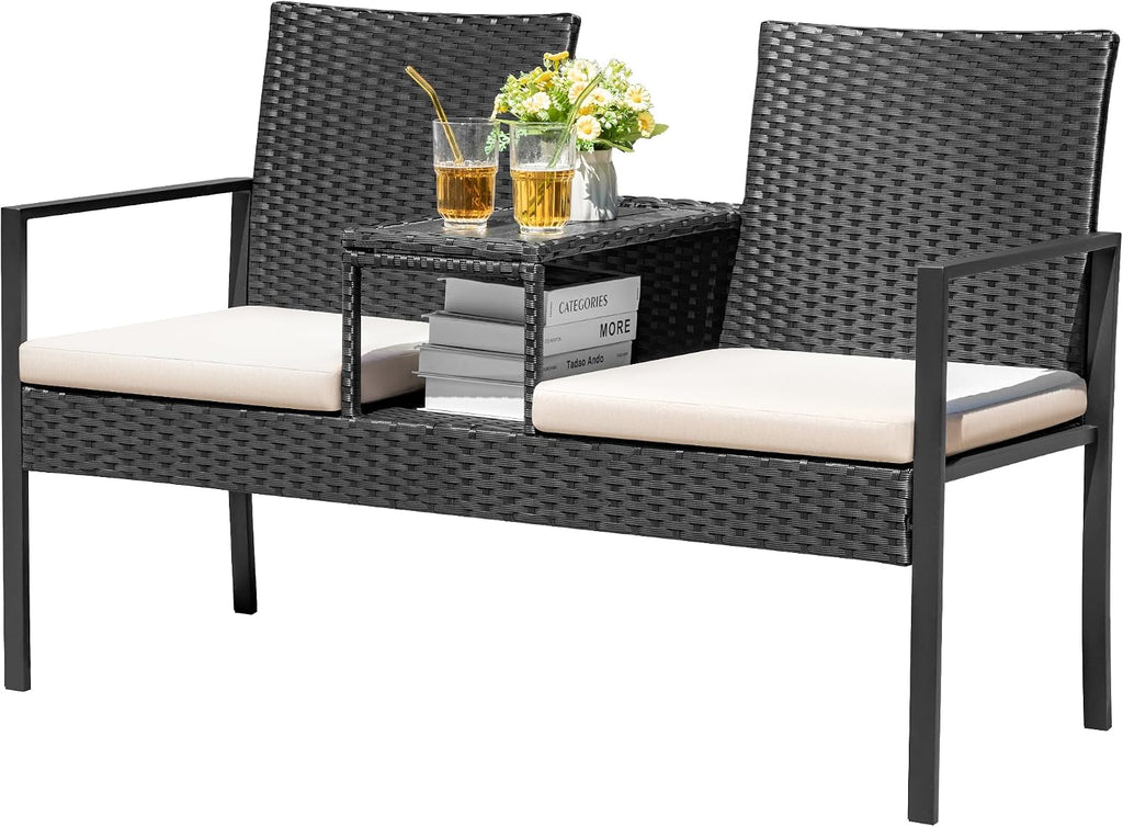 Beige Wicker Loveseat Built-in Table Cushions