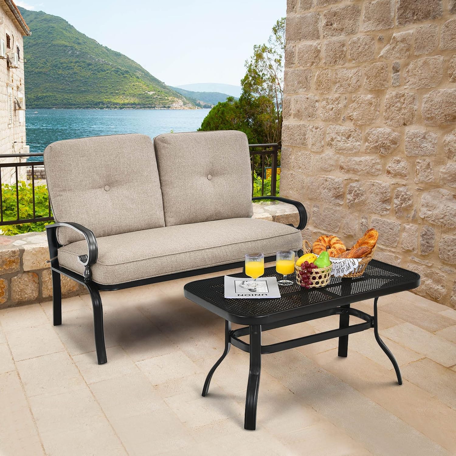 Beige Patio Loveseat Coffee Table Cushioned Set