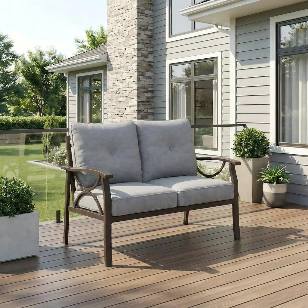 Khaki Metal Patio Loveseat Gray Outdoor Cushions