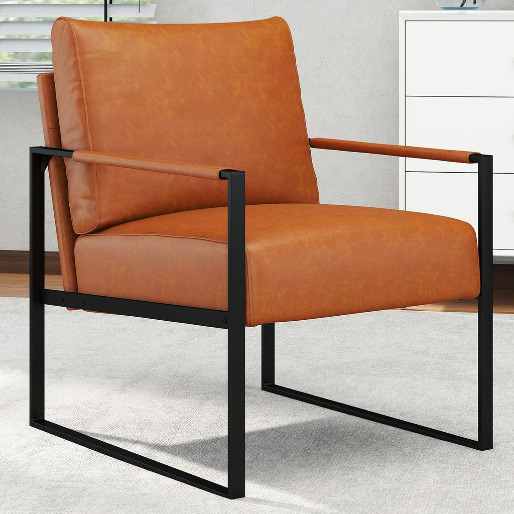 Brown PU Leather Accent Chair Metal Frame