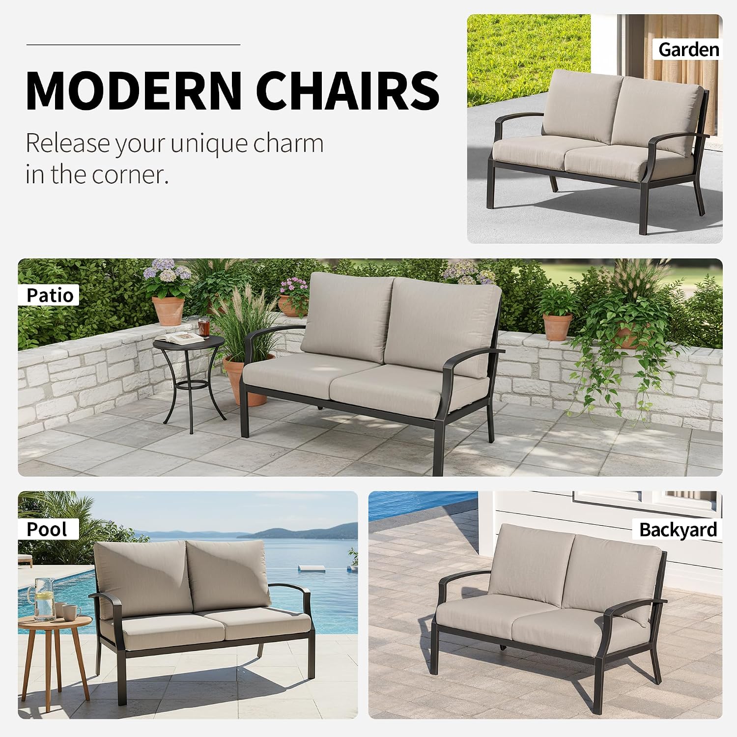 Dark Bronze Aluminum Loveseat Thick Outdoor Cushions