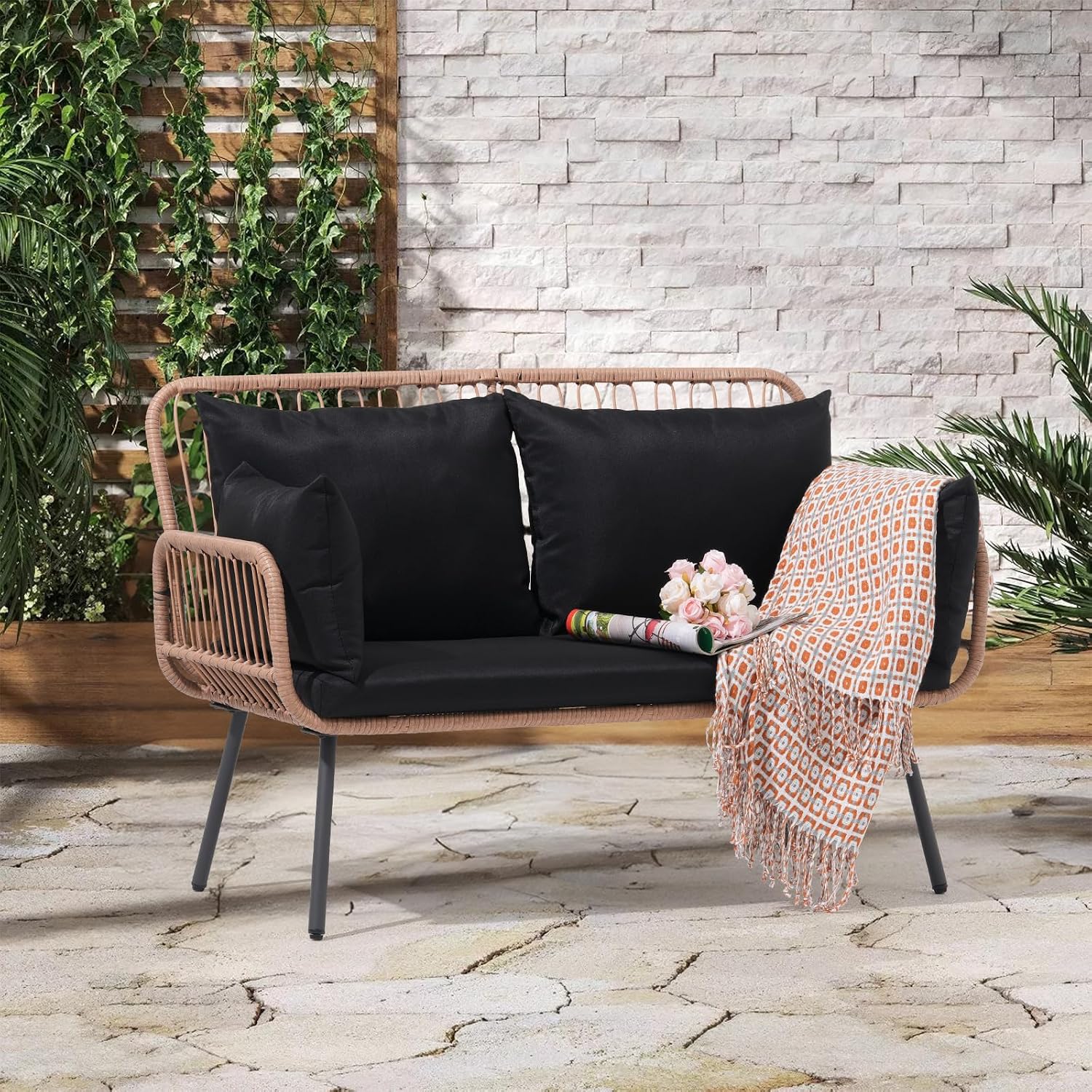 Verano Garden Wicker Loveseat Outdoor Cushions Pillows