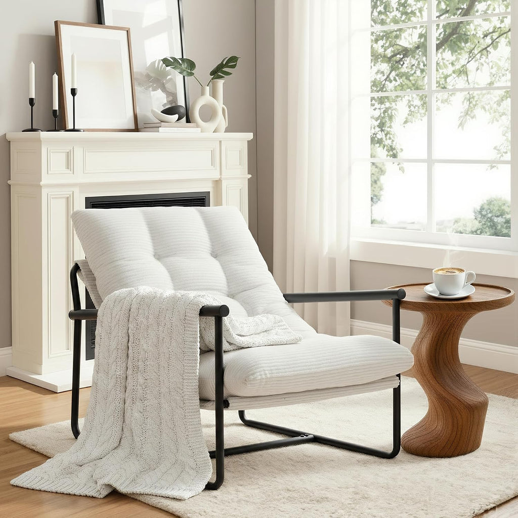 Beige Upholstered Metal Frame Accent Chair