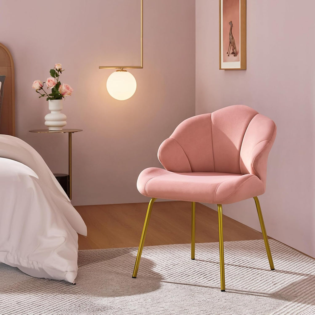 Pink Velvet Shell Vanity Chair Gold Metal Legs