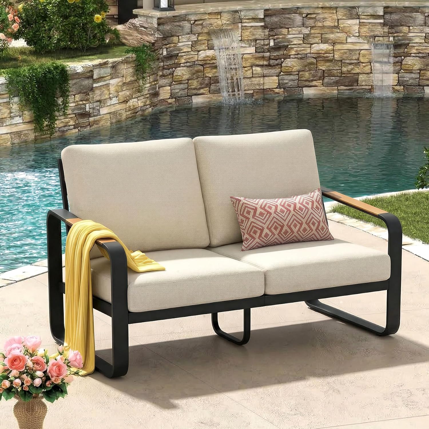 Beige Metal Outdoor Loveseat Thick Comfort Cushions