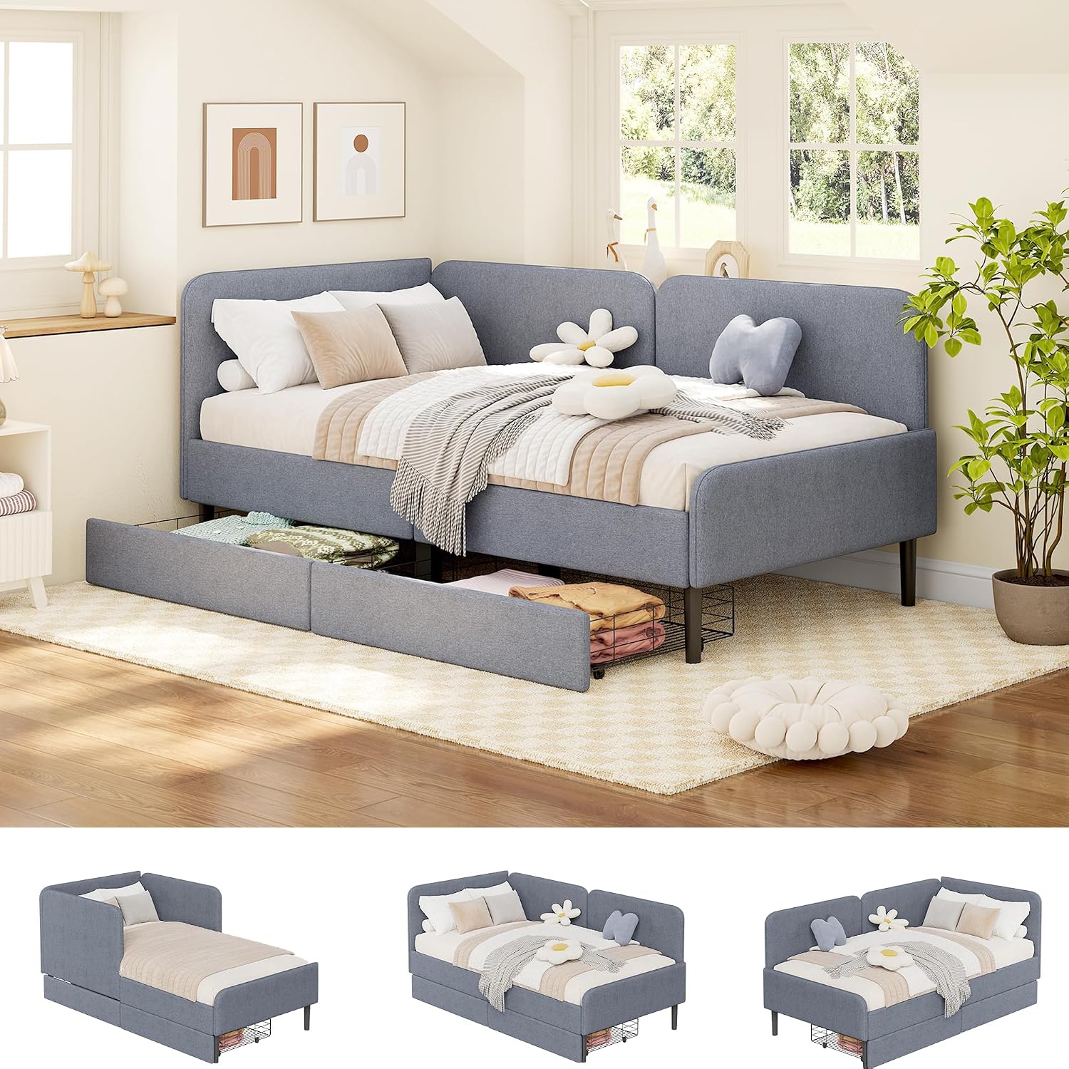 Light Grey Upholstered Twin Daybed Two Drawers