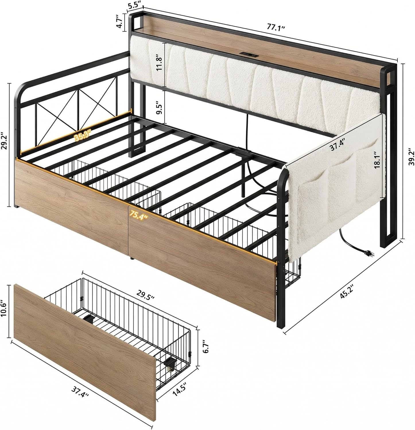 Cream Boucle Twin Daybed Drawers Charging Station