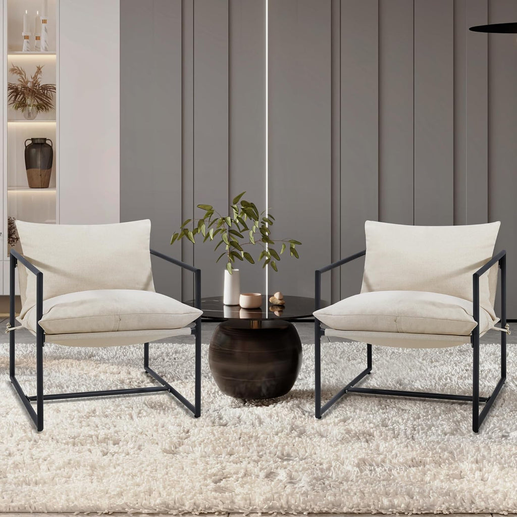 Beige Sling Accent Chair 2 Pack Metal Frame