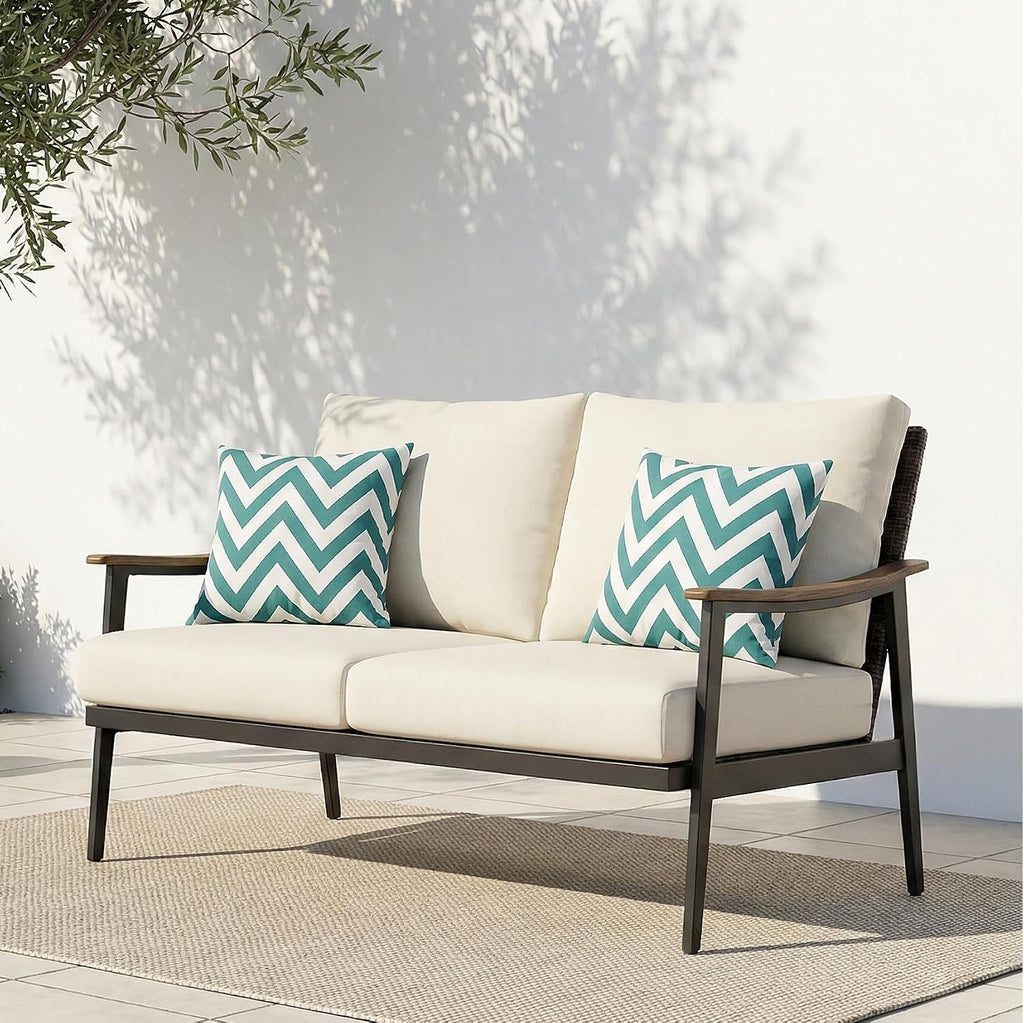 Metal Wicker Patio Loveseat Thick Comfort Cushions