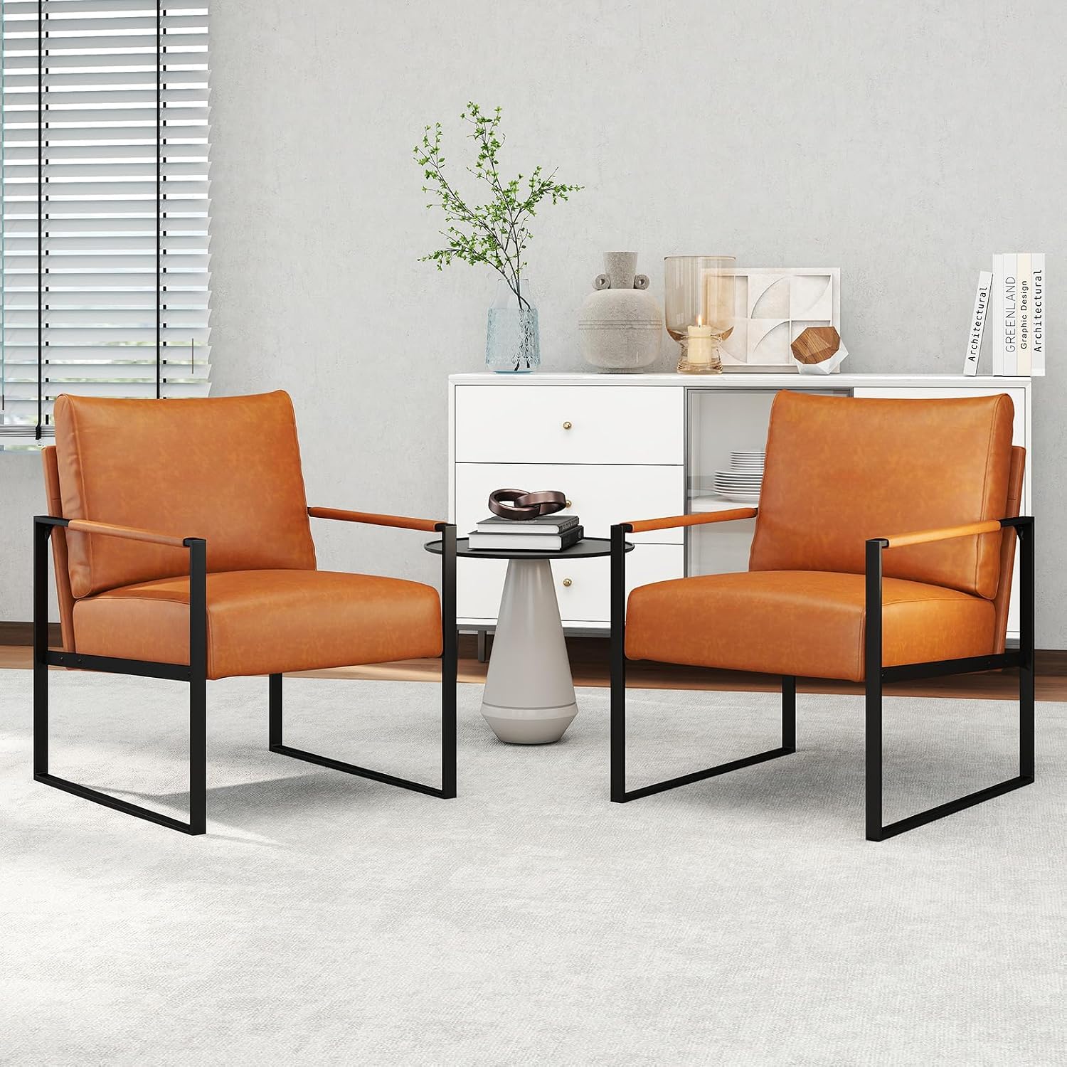 Brown PU Leather Accent Chair Metal Frame