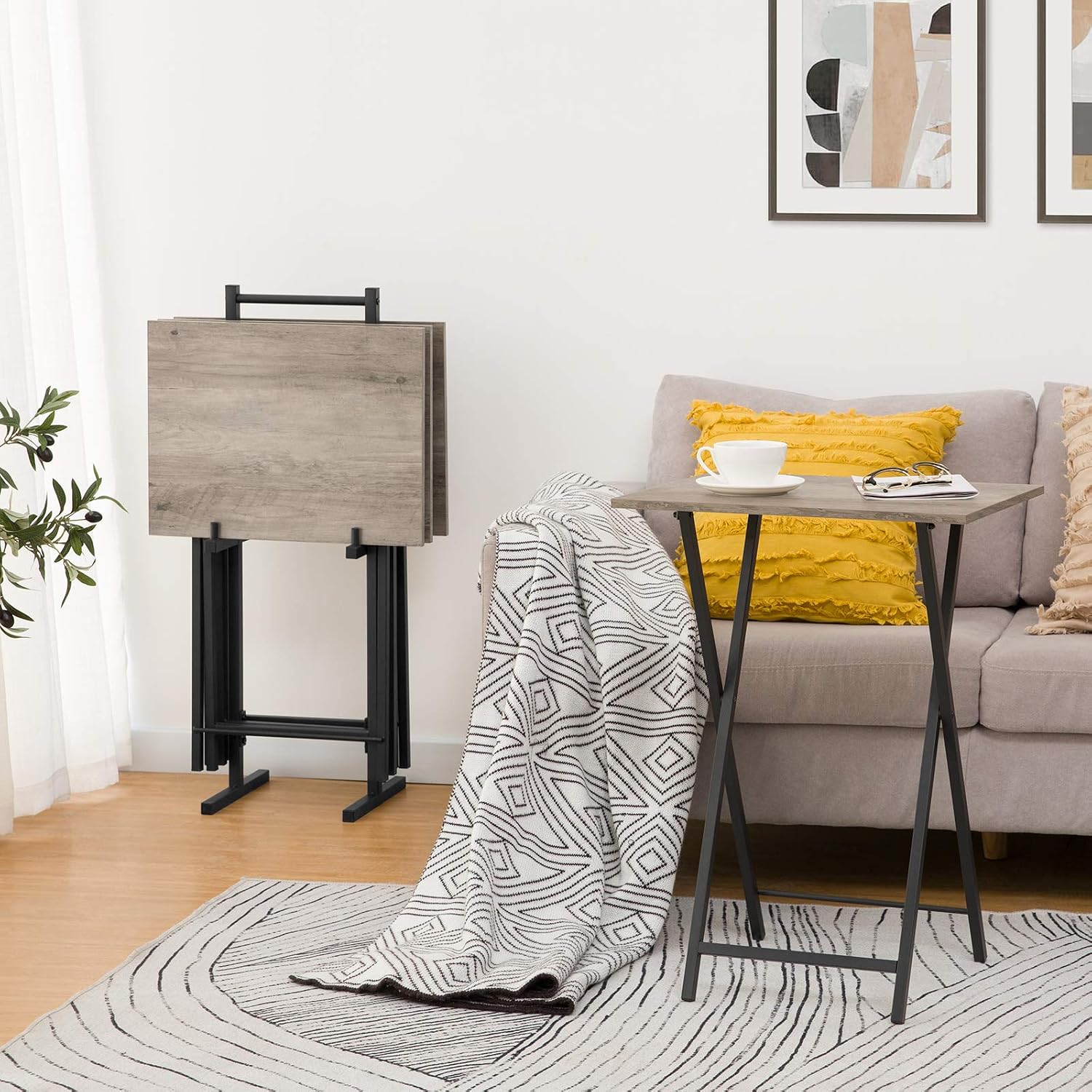 Four Greige Black Folding TV Tray Tables Rack