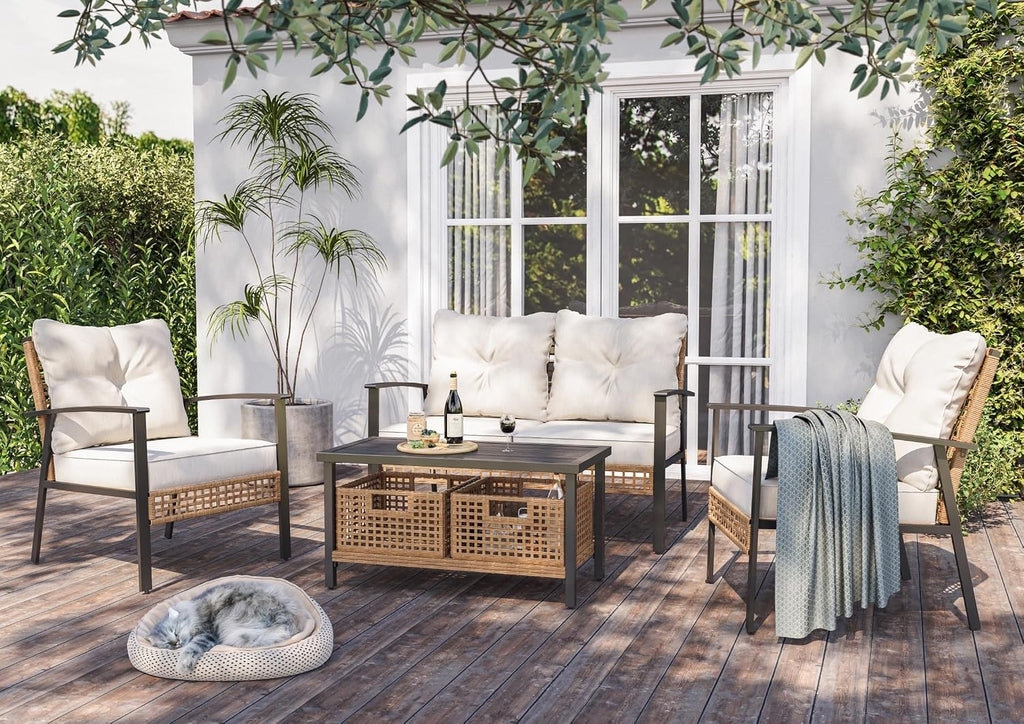 Beige Wicker Patio Loveseat Coffee Table Set