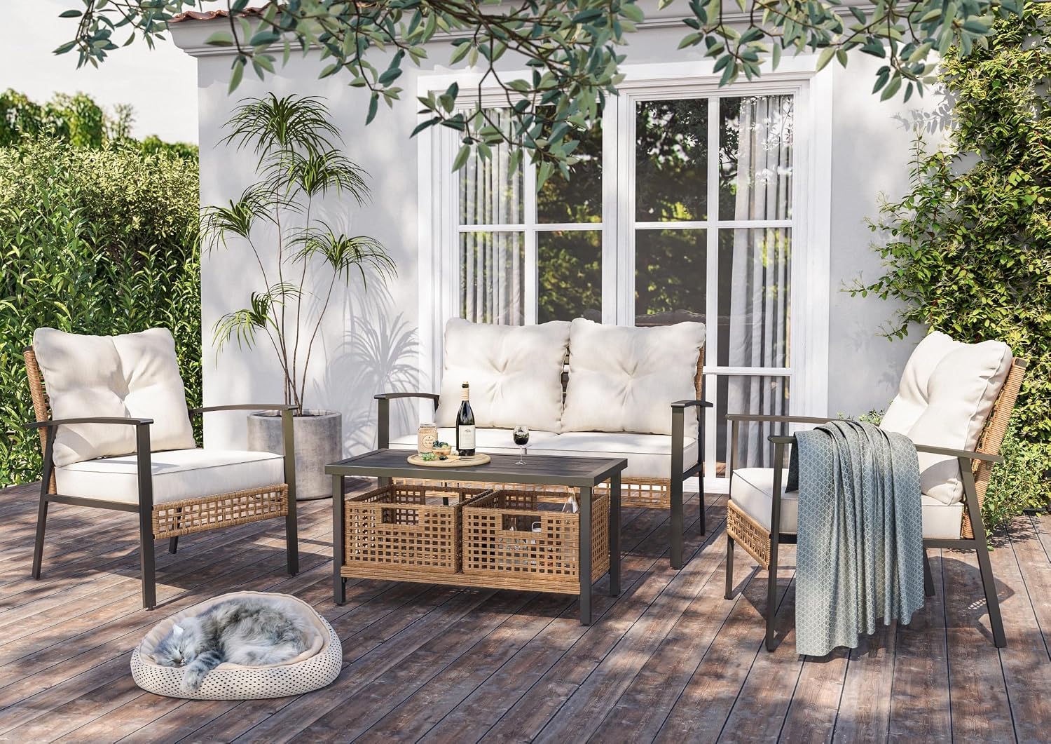Beige Wicker Patio Loveseat Coffee Table Set
