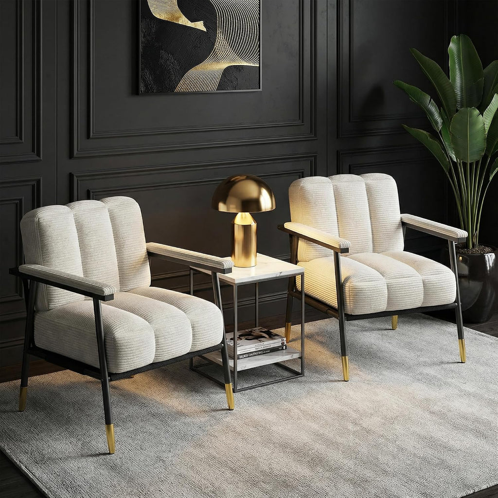 White Corduroy Accent Chair Sturdy Metal Frame
