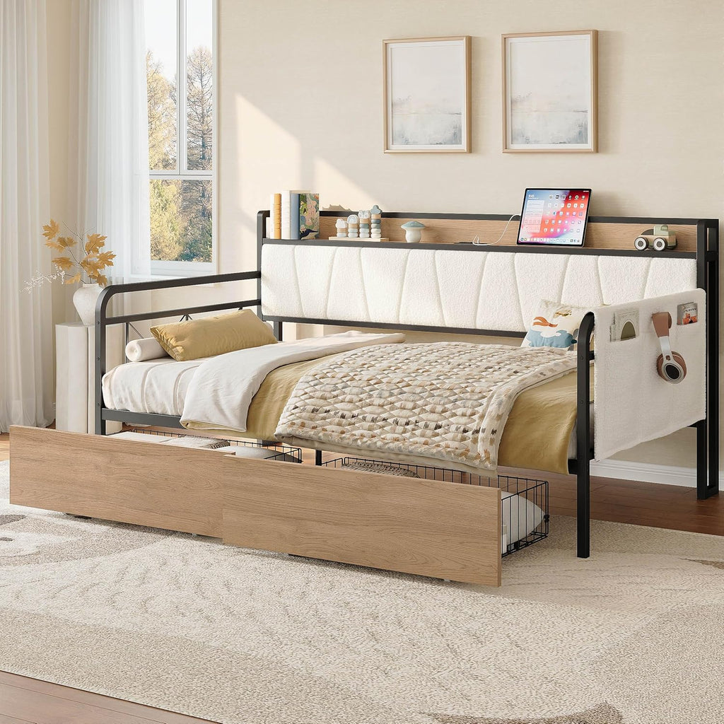 Cream Boucle Twin Daybed Drawers Charging Station