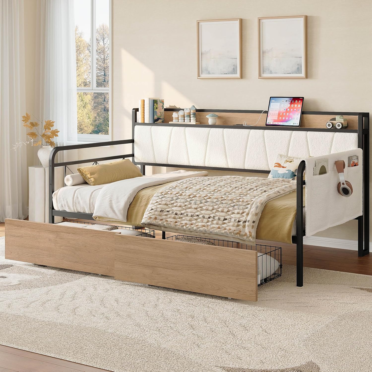 Cream Boucle Twin Daybed Drawers Charging Station