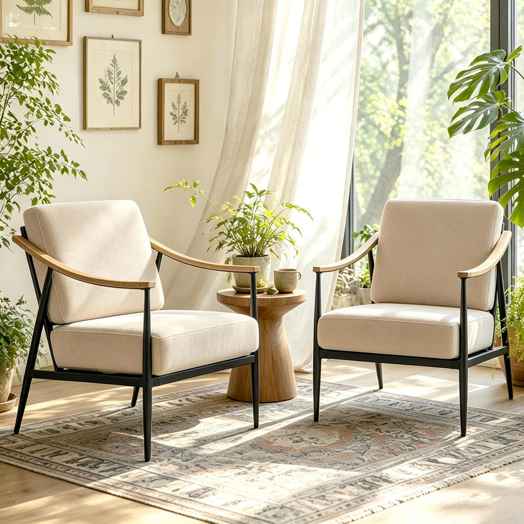Beige Mid Century Accent Chairs 2 Pack Metal Frame