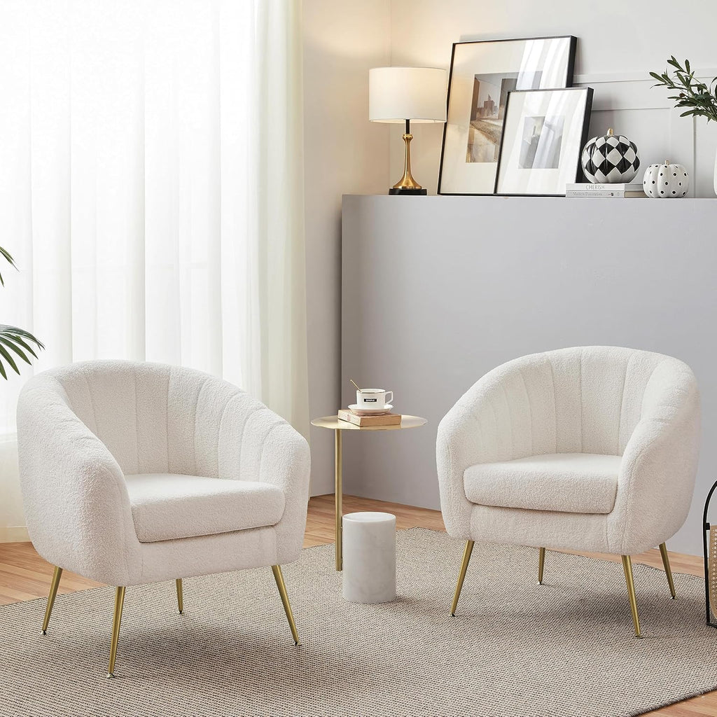 Ivory Boucle Barrel Chairs 2 Pack Gold Legs