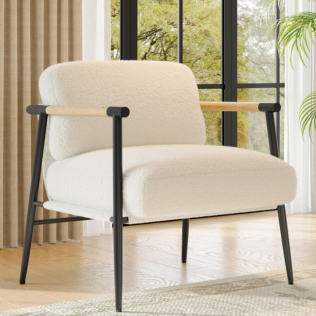 White Accent Chair Metal Frame Wood Armrest