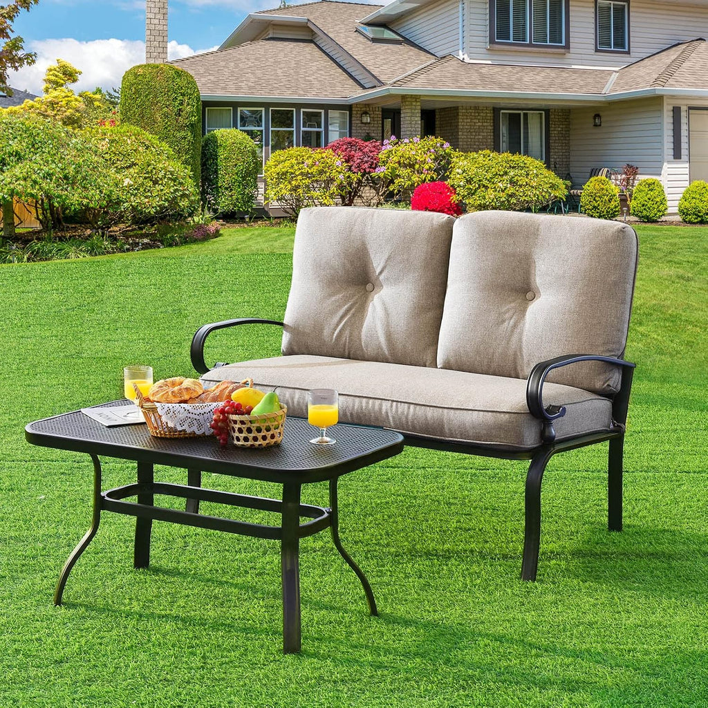 Beige Patio Loveseat Coffee Table Cushioned Set