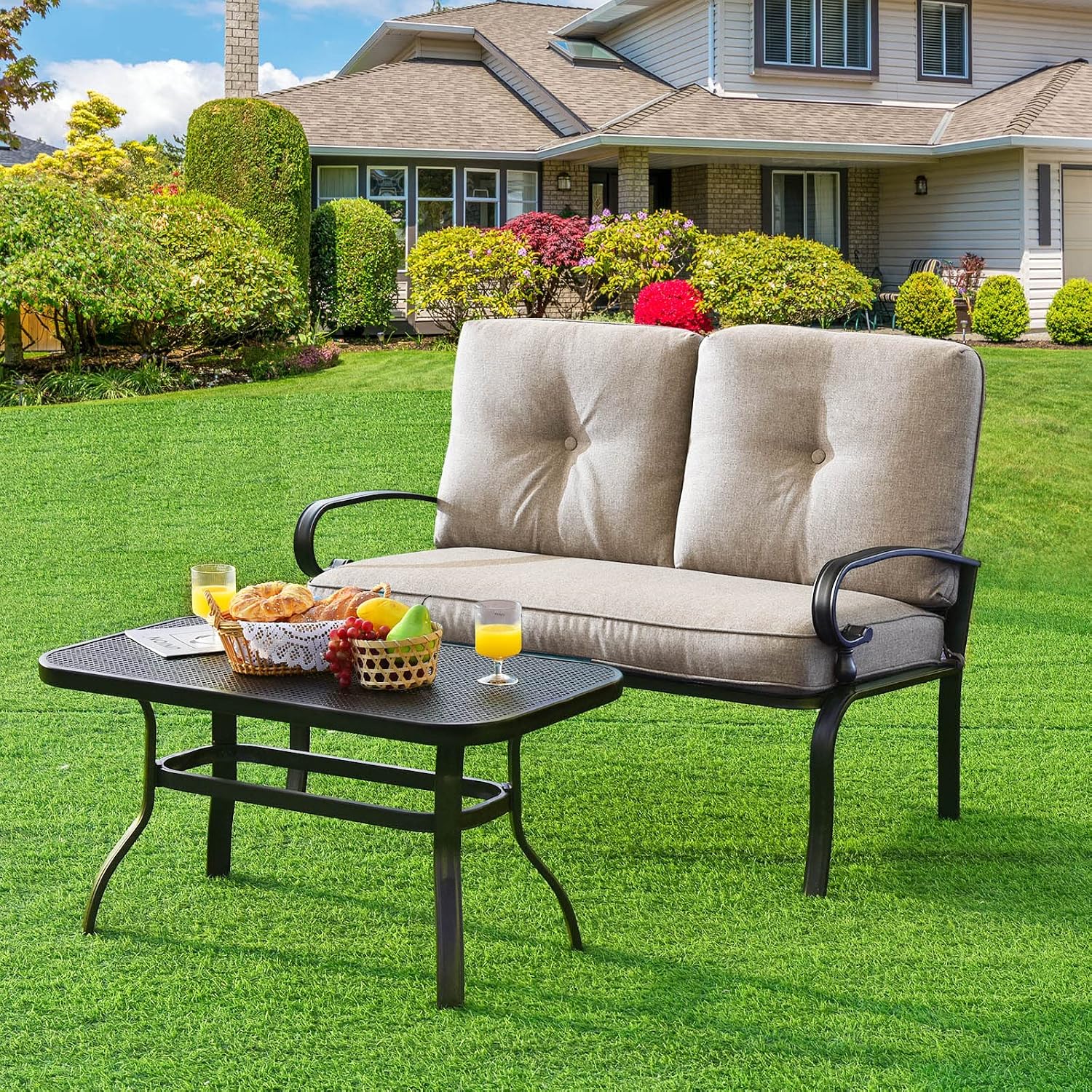 Beige Patio Loveseat Coffee Table Cushioned Set