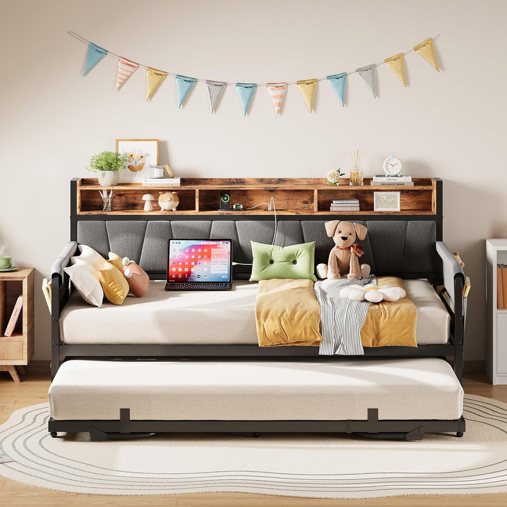 Black Upholstered Daybed Trundle Charging Station