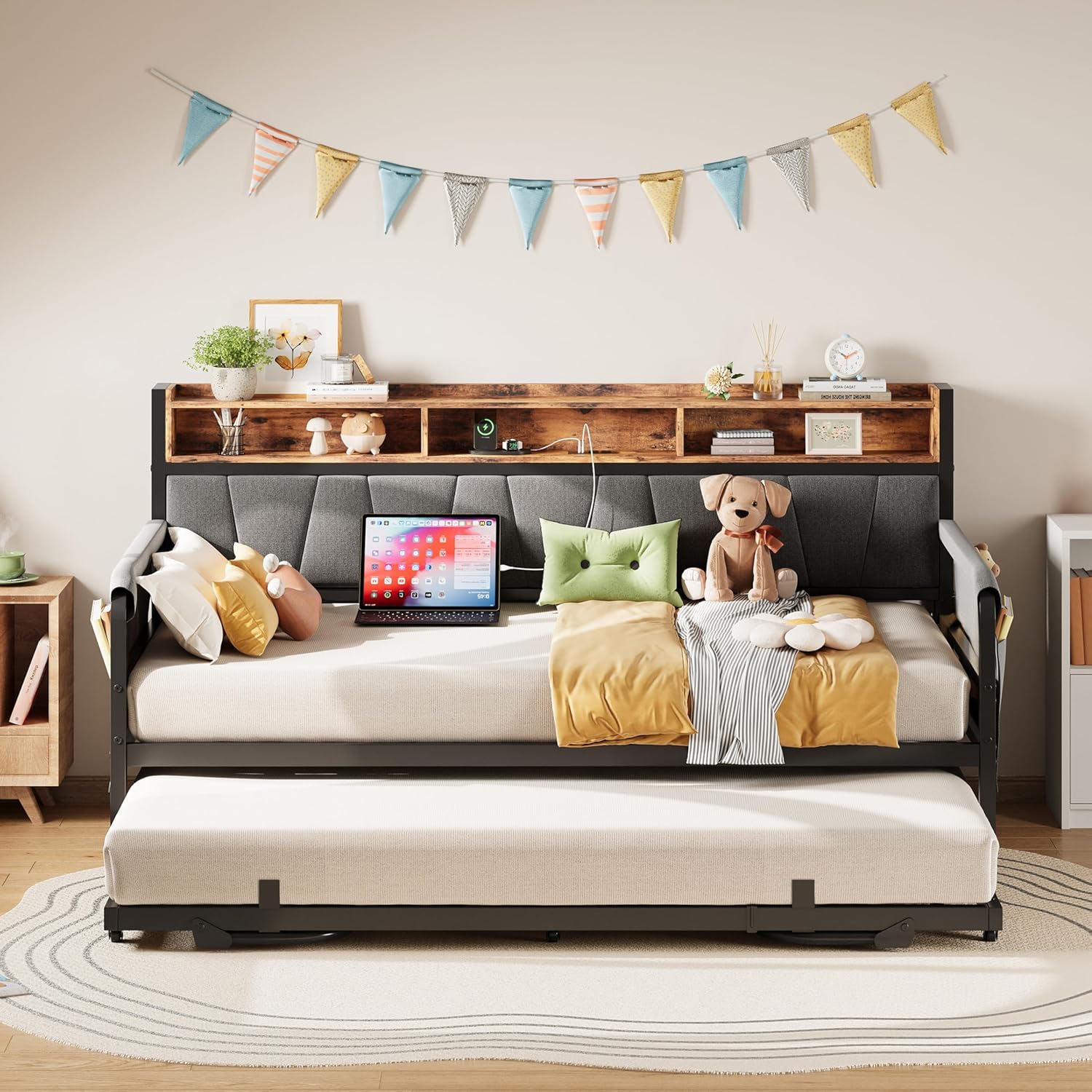 Black Upholstered Daybed Trundle Charging Station