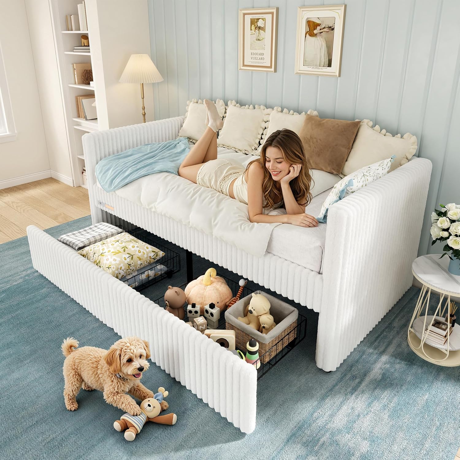 Cream Faux Fur Twin Daybed Drawers Charging Station