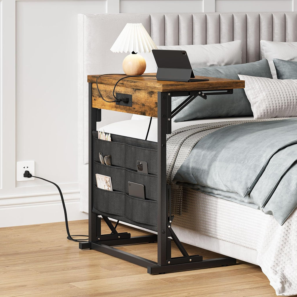 Rustic Brown C-Shaped Table Charging Station Storage