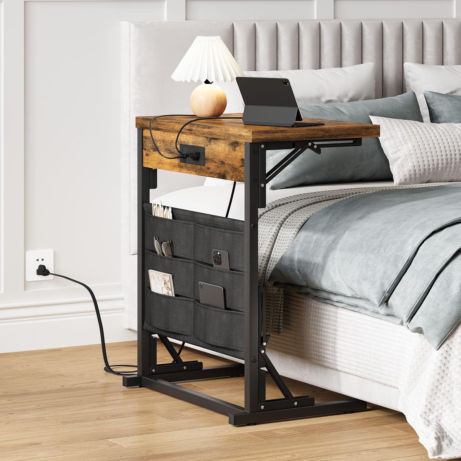 Rustic Brown C-Shaped Table Charging Station Storage