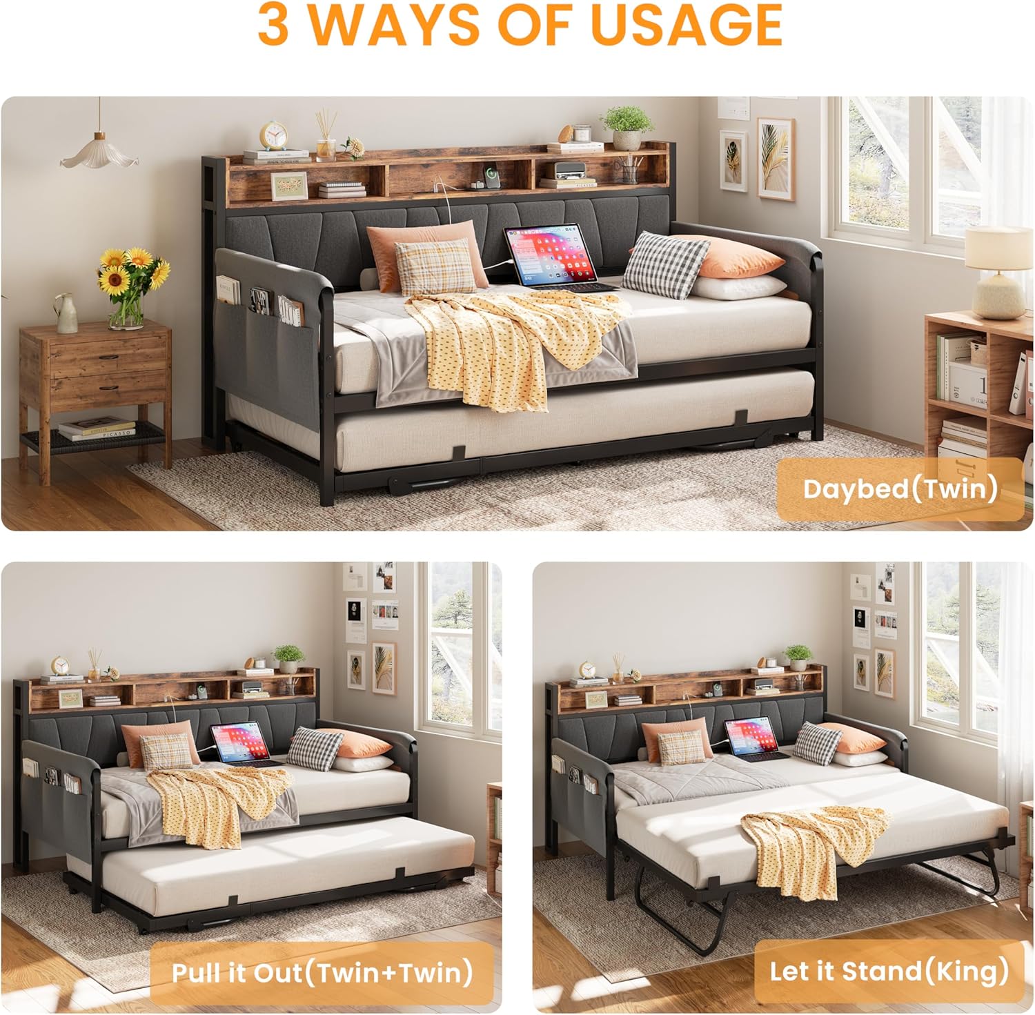 Black Upholstered Daybed Trundle Charging Station