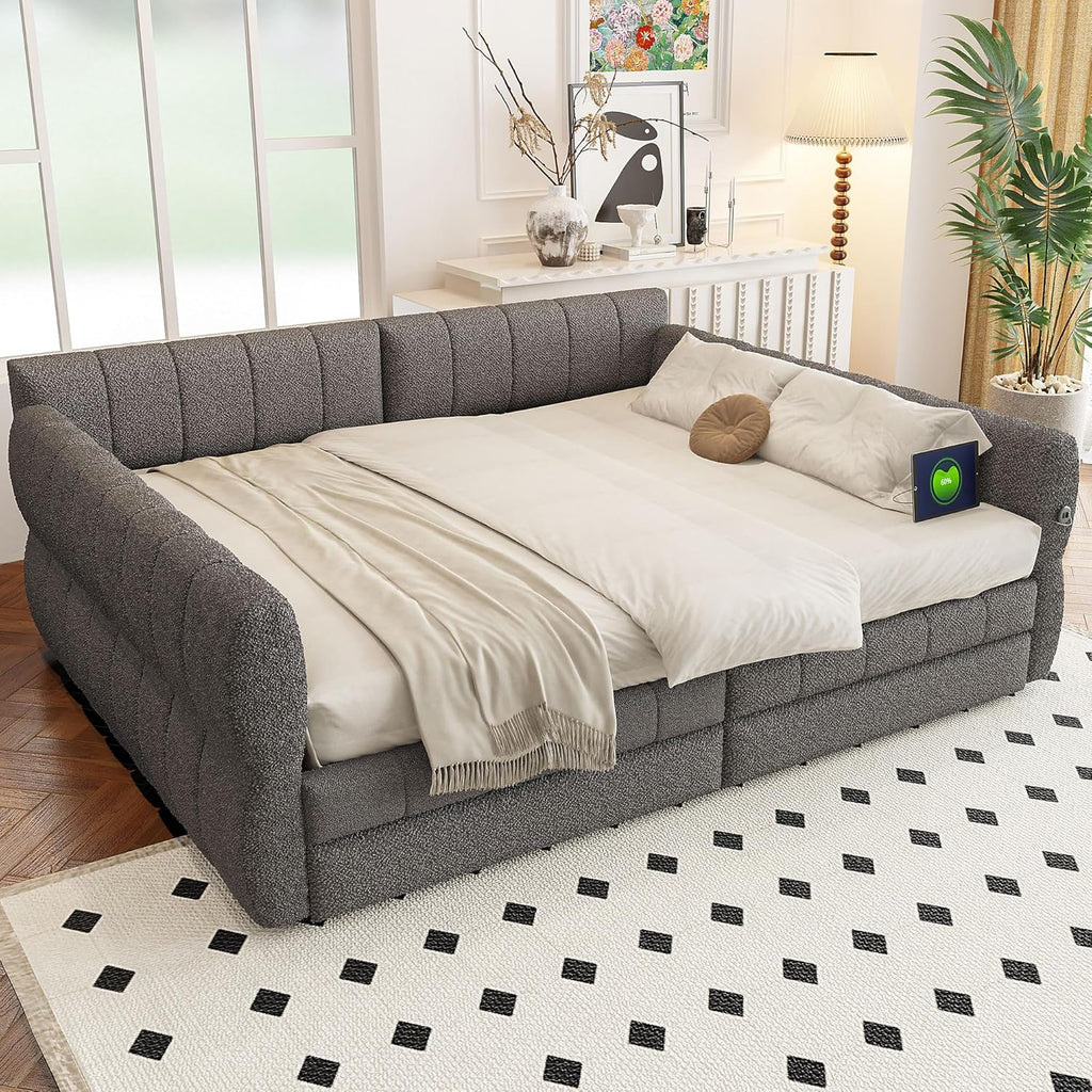Gray Lambswool Queen Daybed Drawers USB Ports