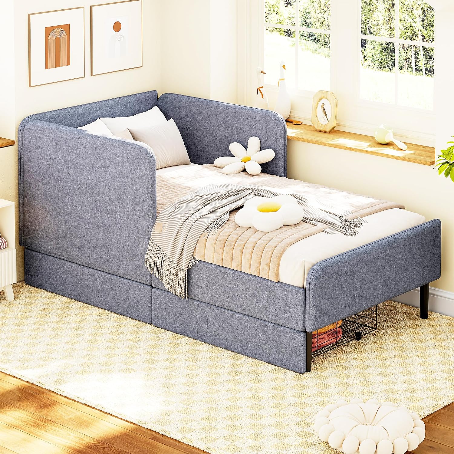 Light Grey Upholstered Twin Daybed Two Drawers