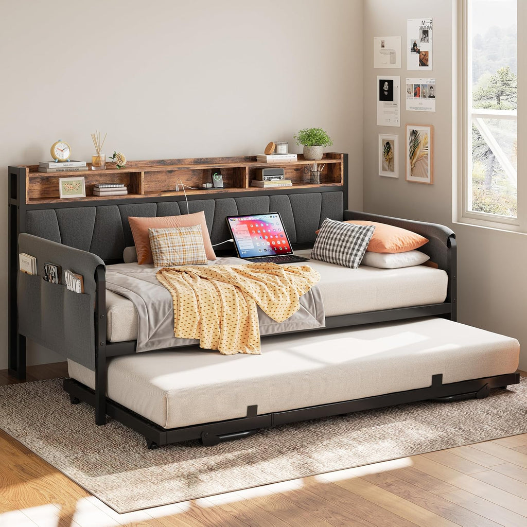 Black Upholstered Daybed Trundle Charging Station