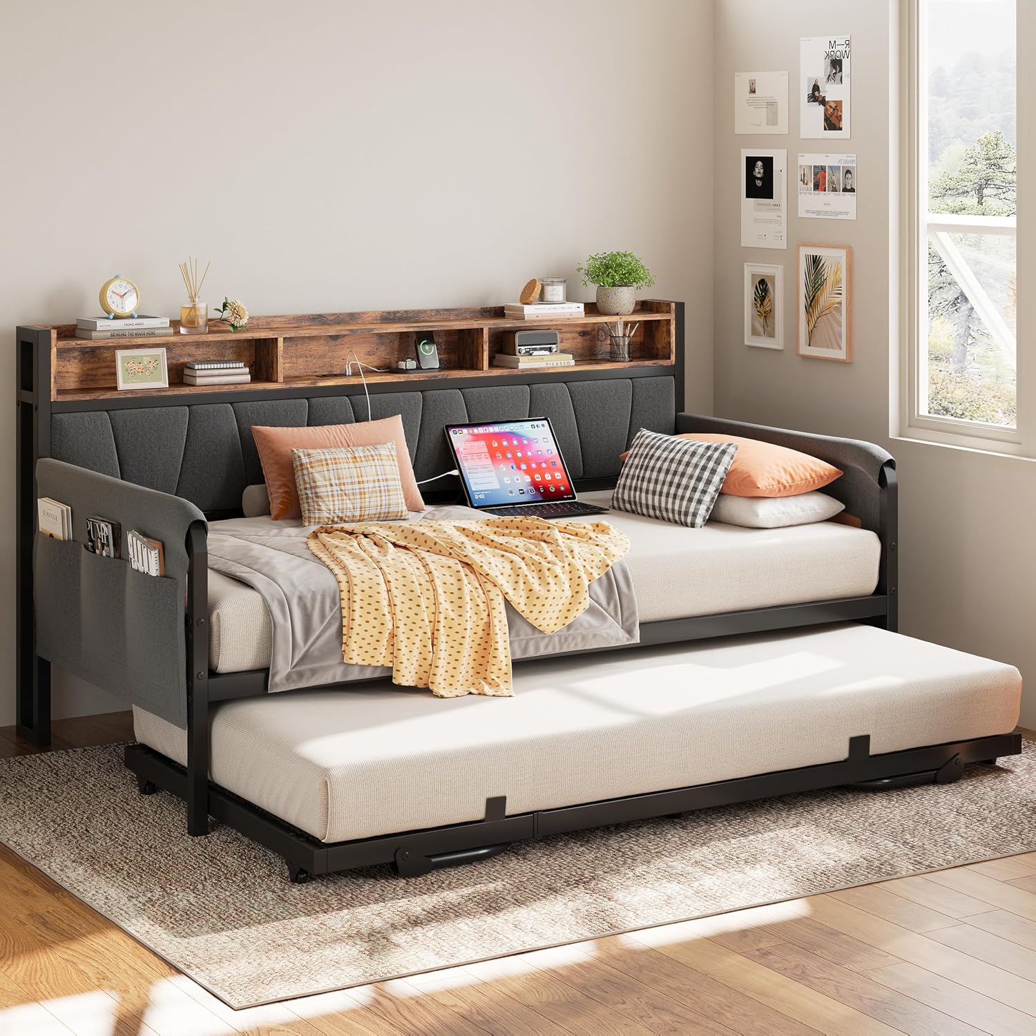Black Upholstered Daybed Trundle Charging Station