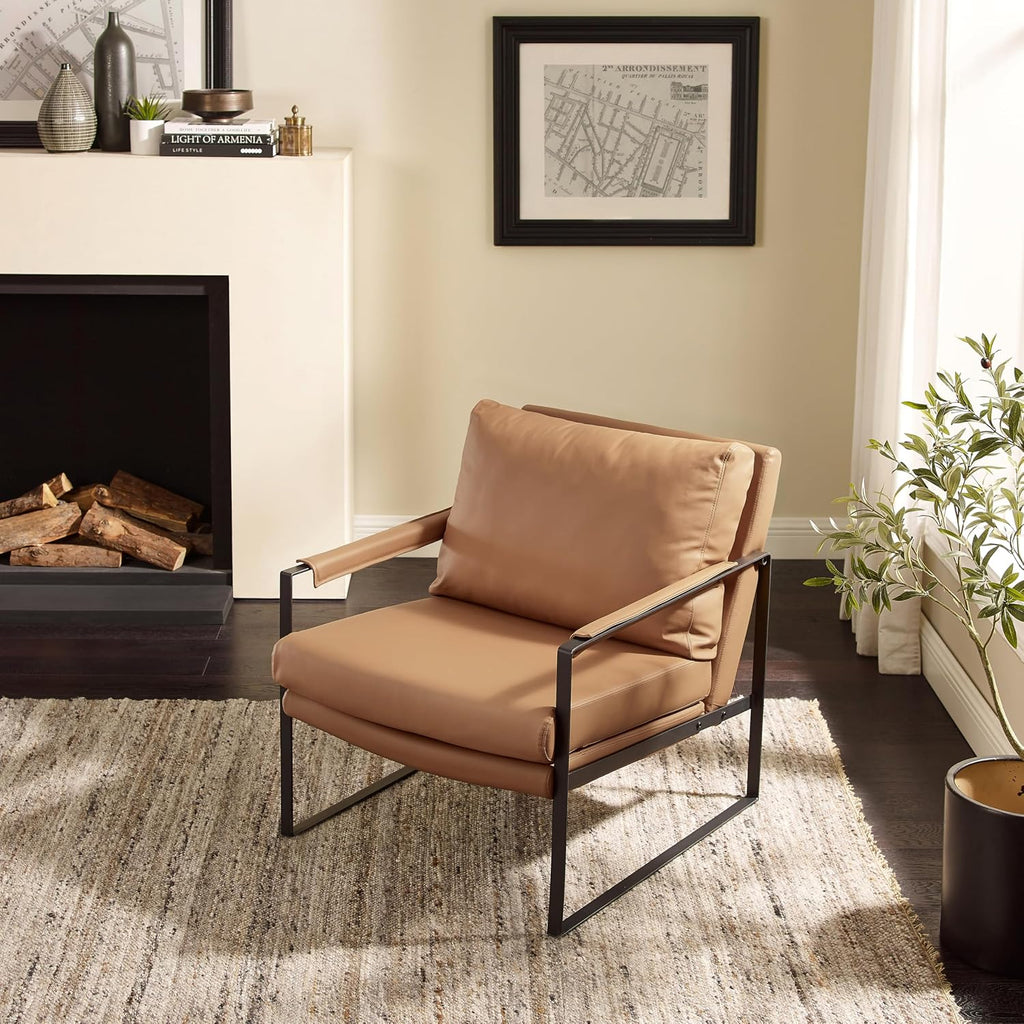 Khaki Genuine Leather Chair Metal Frame Arms