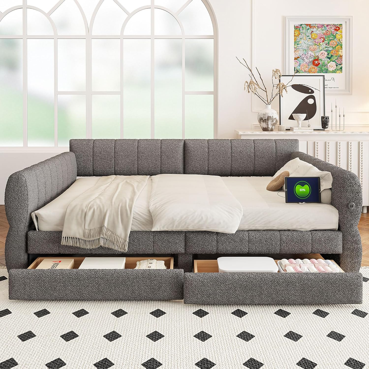 Gray Lambswool Queen Daybed Drawers USB Ports