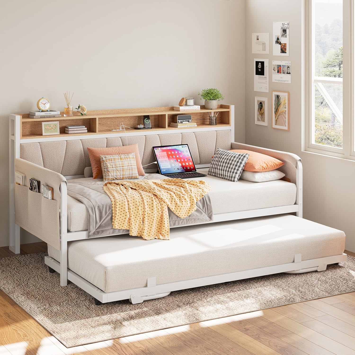 White Upholstered Daybed Trundle Charging Station