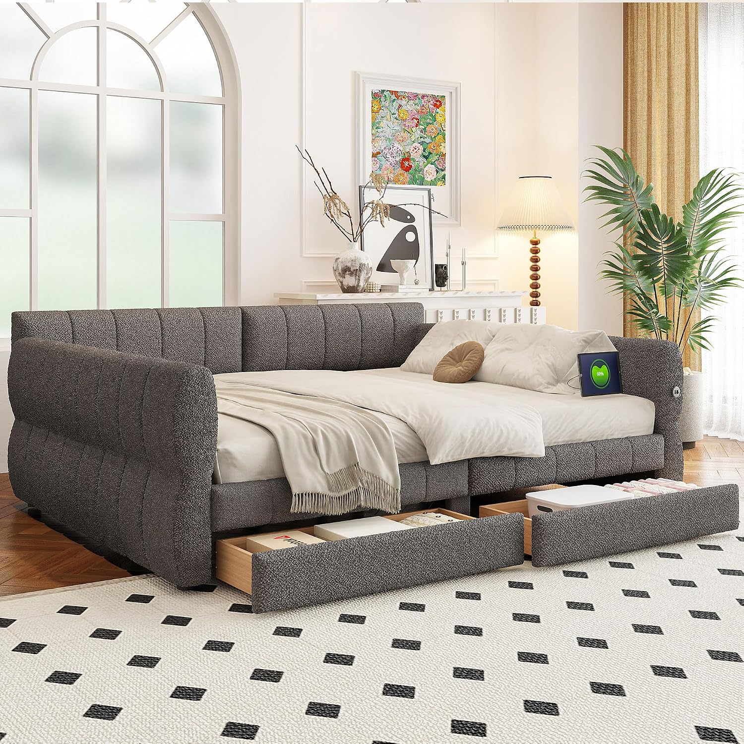 Gray Lambswool Queen Daybed Drawers USB Ports