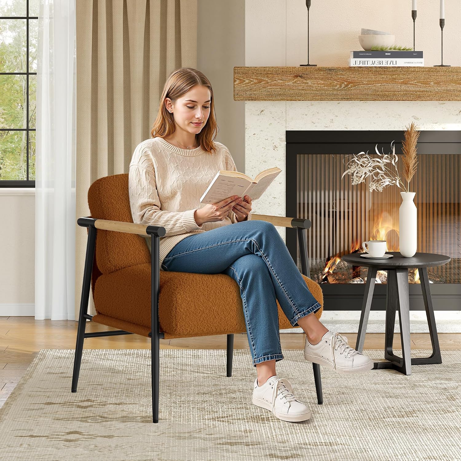 White Sherpa Accent Chair Beech Wood Armrests