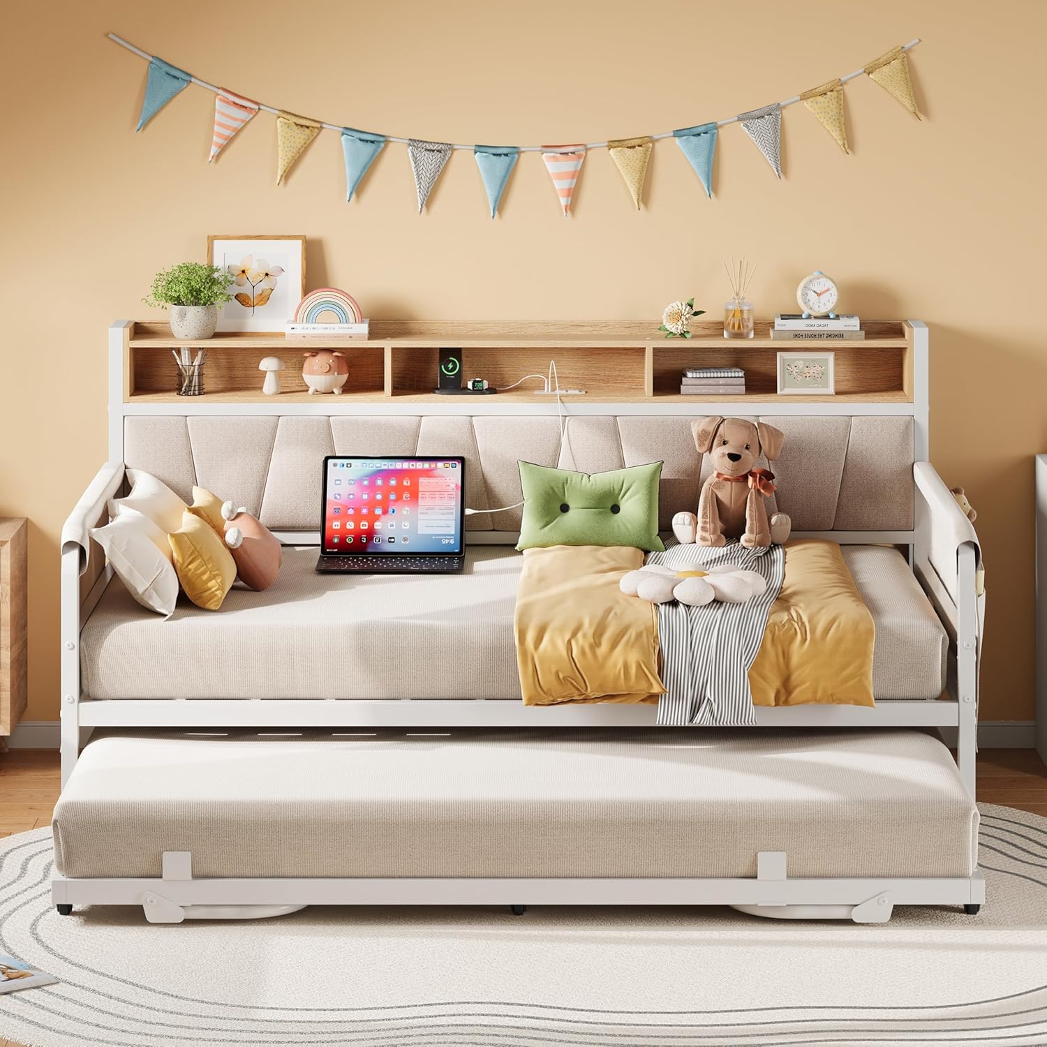 White Upholstered Daybed Trundle Charging Station