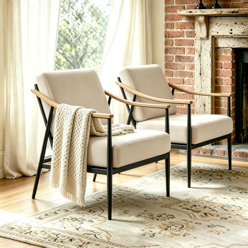 Beige Mid Century Accent Chairs 2 Pack Metal Frame