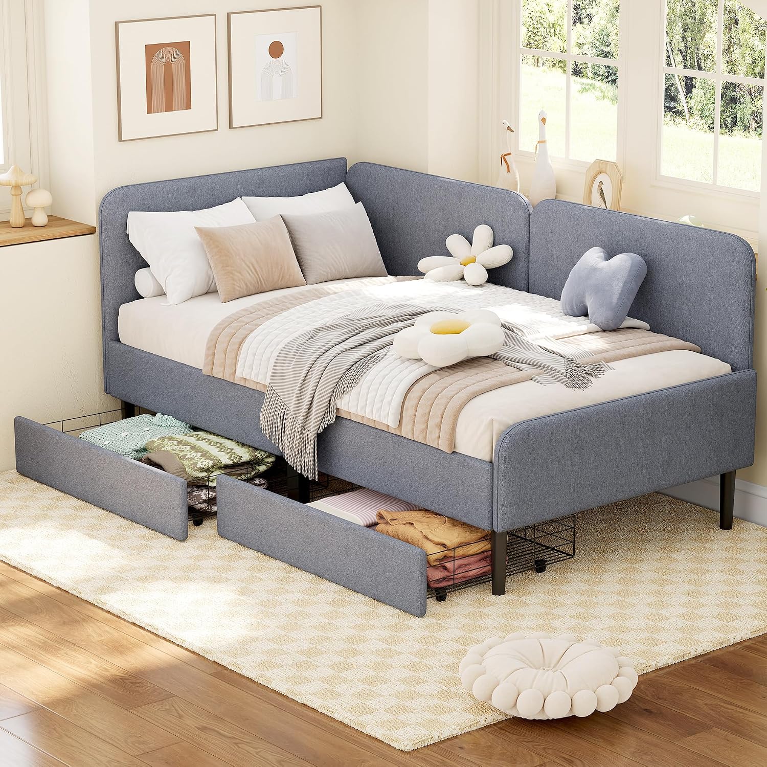 Light Grey Upholstered Twin Daybed Two Drawers