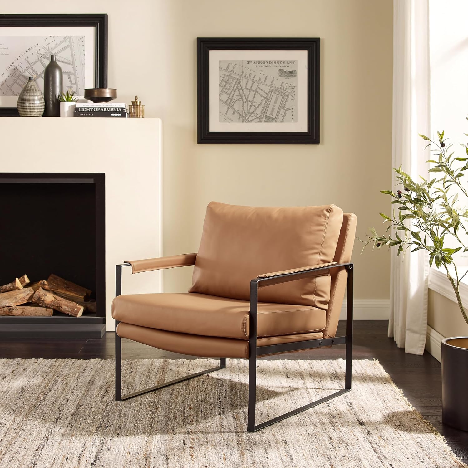 Khaki Genuine Leather Chair Metal Frame Arms