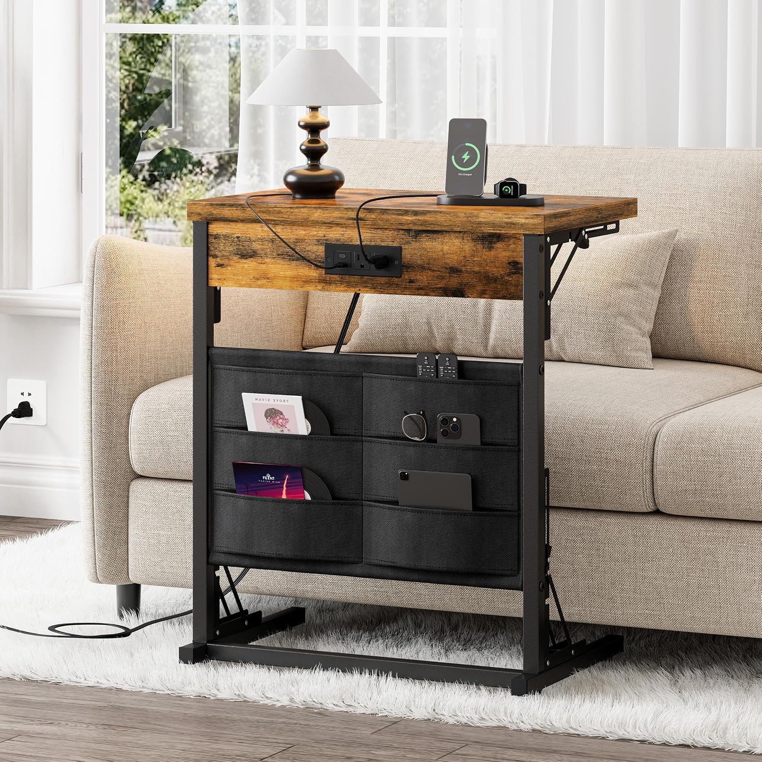 Rustic Brown C-Shaped Table Charging Station Storage