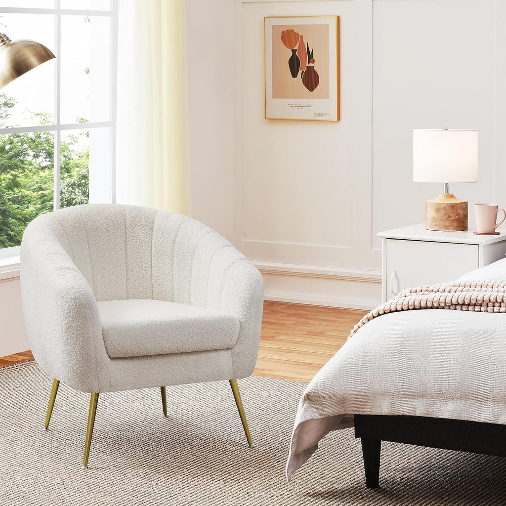 Ivory Boucle Barrel Chairs 2 Pack Gold Legs